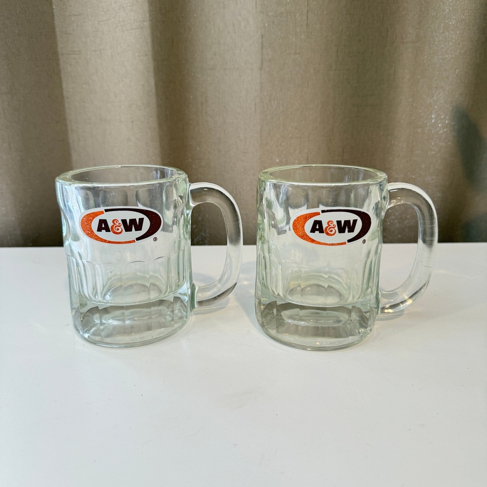 Vintage A&W Root Beer Glass Mugs Set of 2 Clear Paneled Soda Shop Heavy Glass